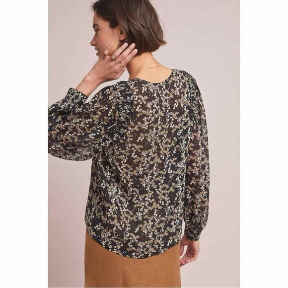 Paige Ambrosine Sheer Floral Silk Blouse Black Medium Ruffle - Picture 6 of 15